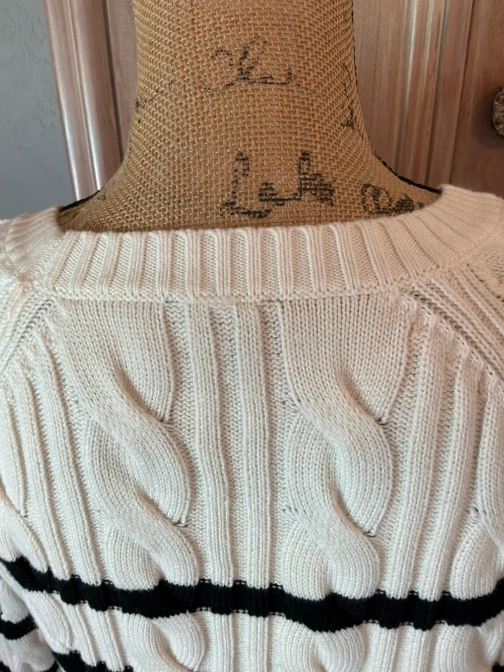 Talbots Black & White Breton Stripe cotton Cable Knit Crew Sweater nautical sz M